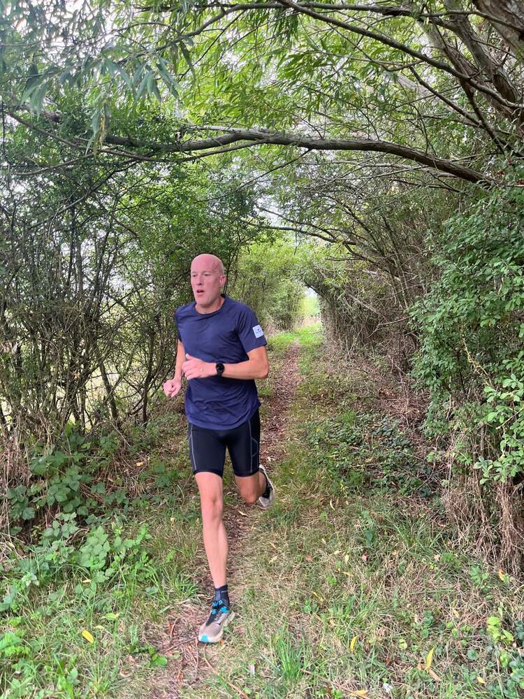 A runner on an overgrown trail under trees